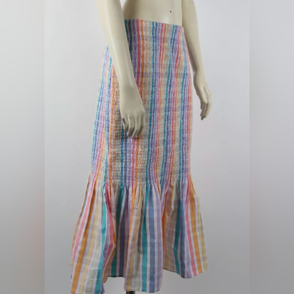 J. Crew Smocked Midi Rainbow Stripes Elastic Waist Skirt Size 00